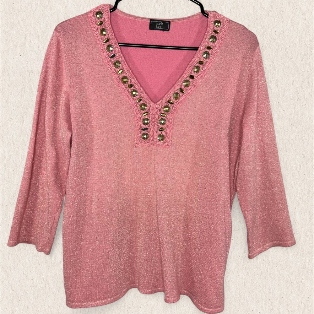 Lark Lane Pink Shimmer Knit Embellished Top Size M – Beaded Fairy Boho Y2K Glam